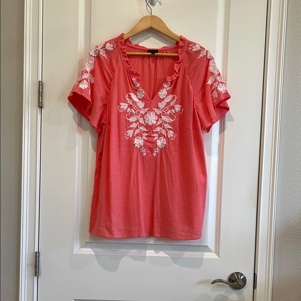 Talbots Multicolored Embroidered Short Sleeve Blouse